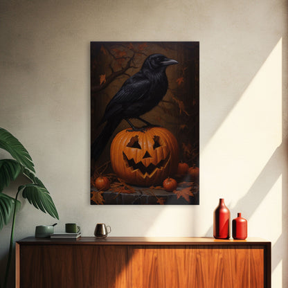 Crow Atop A Jack O Lantern, Framed Canvas Print, Halloween Decor, Raven Painting, Victorian Oil Painting Print, Macabre Horror Print