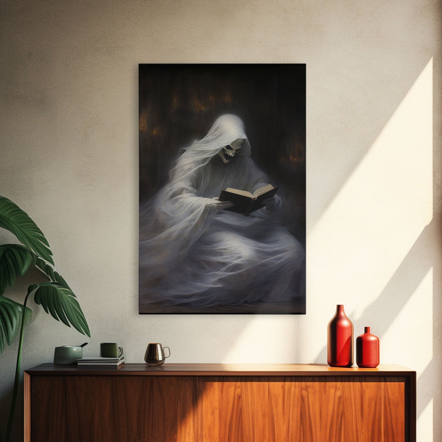 He's really into that book man, why is that ghost reading? Spooky Victorian Halloween Oil Painting Canvas Print, Halloween Decorations