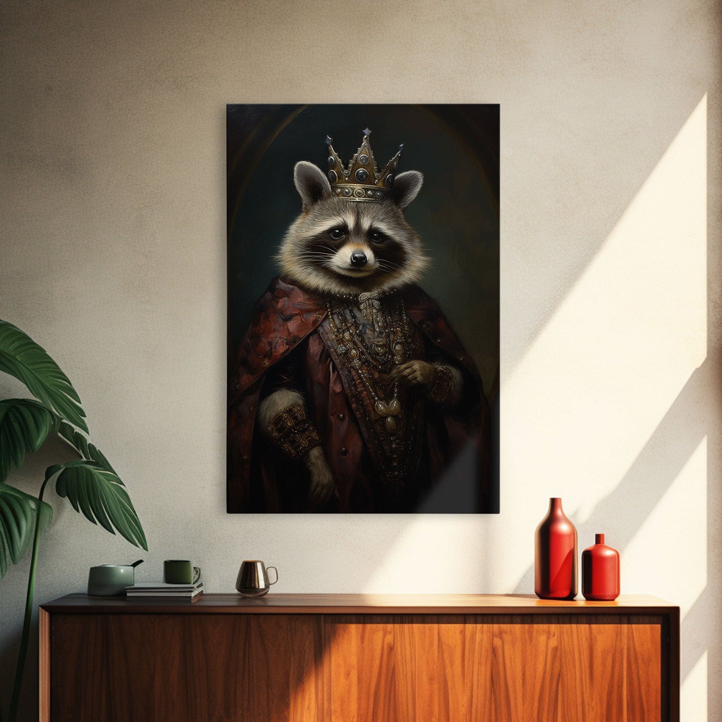 The Raccoon King, Framed Canvas Print Or Canvas, Victorian Animal Print Oil Painting, Funny Halloween Decor