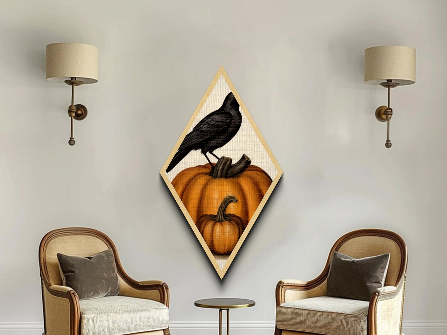 Black crow on stacked pumpkins Canvas Art Print in vintage Halloween aesthetic with dark farmhouse Diamond Shaped Art finish