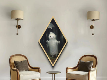 Mysterious Ghost with Umbrella Diamond Shaped Art in Pumpkin Patch Halloween Canvas Art Print Dark Academia Spooky Forest Theme