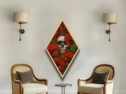 The Skull Amongst The Red Flowers, Spooky Halloween Wall Art, Diamond Shaped Art, Creepy Home Decor