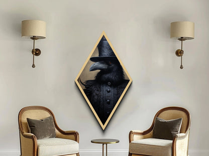 Baroque Raven in Charcoal Black Brocade Diamond Shaped Art Canvas Embossed Print Halloween Gothic Decor Dark Academia Style