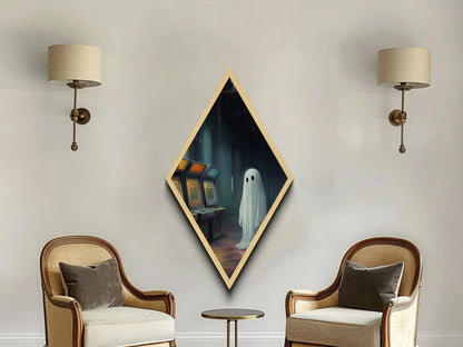 Einsamer Geist in regnerischer Spielhalle – Rautenförmiger Kunstdruck auf Leinwand – Geprägter Druck – Gruselige Vaporwave-Halloween-Wanddekoration im surrealen, nostalgischen Stil