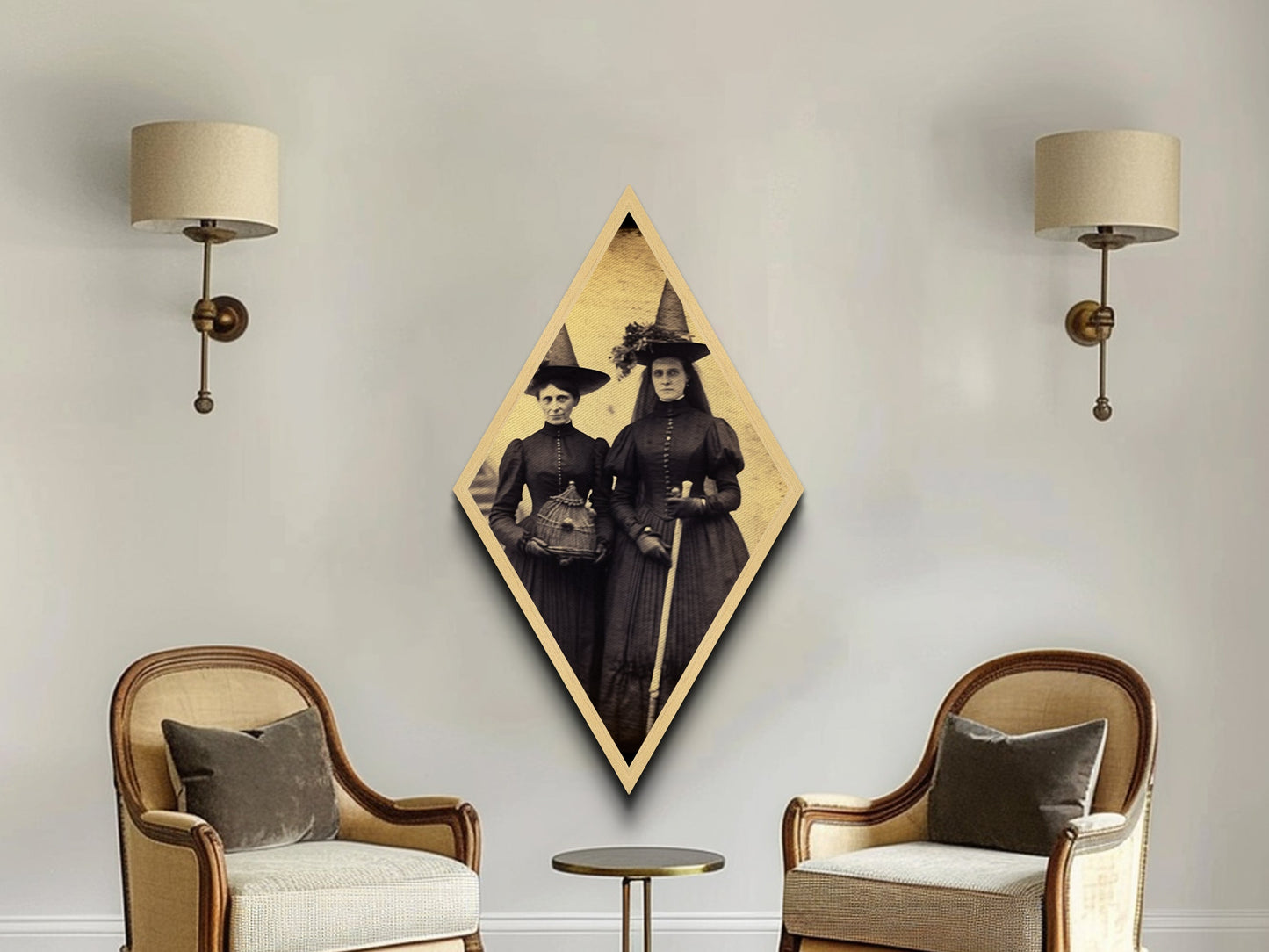 Viktorianische Hexen, Sepia-Fotografie, rautenförmiger Kunstdruck auf Leinwand, gotische Halloween-Motive, Dark Academia, Okkultismus, Vintage-Ästhetik