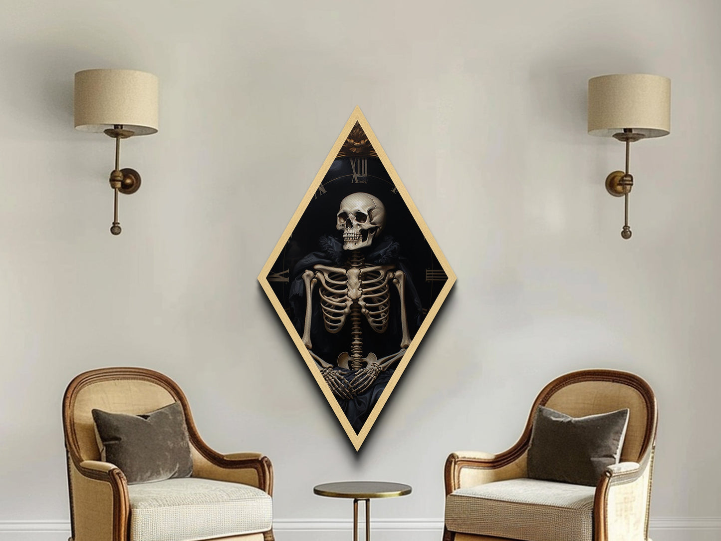 Diamond Shaped Art Skeleton Gothic Wall Decor, Dark Academia Memento Mori Canvas Embossed Print, Victorian Halloween Artwork