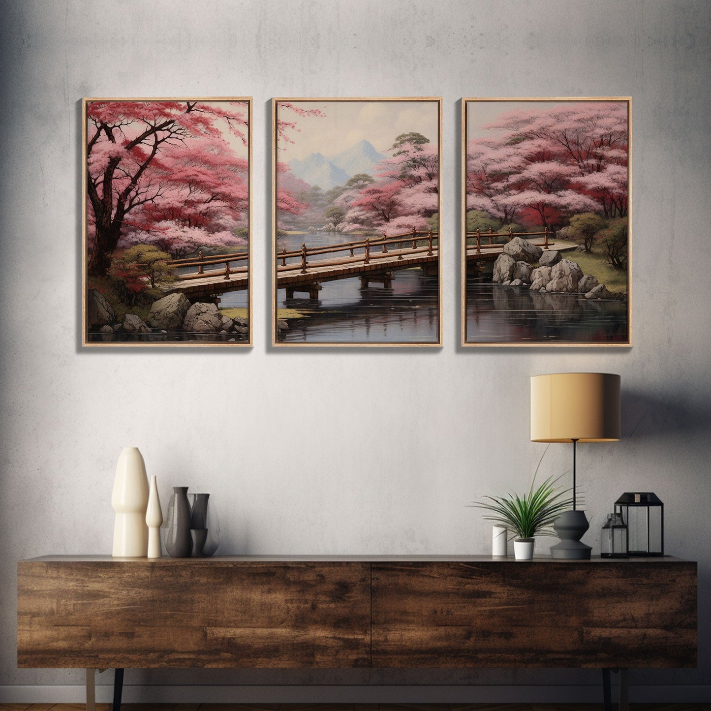 Wabi Sabi Decor, Framed Canvas Print, 3 Piece Set, Beautiful Japanese Maple Tree Garden