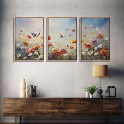 Butterly Wall Print, Wildflower Wall Art, Wildflower Meadow, Canvas Print, Set Of 3 Prints, Wall Art, 3 Piece Wall Art, Botanical Art