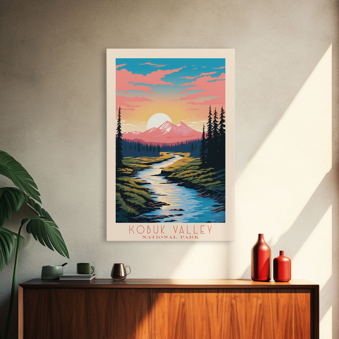 Kobuk Valley Nationalpark, Alaska Reisekunst, Nationalpark-Druck, Minimalistische Reisekunst, Landschaft im Midcentury Modern Retro-Stil