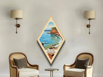 Acadia National Park Diamond Shaped Travel Poster Canvas Art Print, Canvas Wall Art, Travel Gift, Maine Travel Art