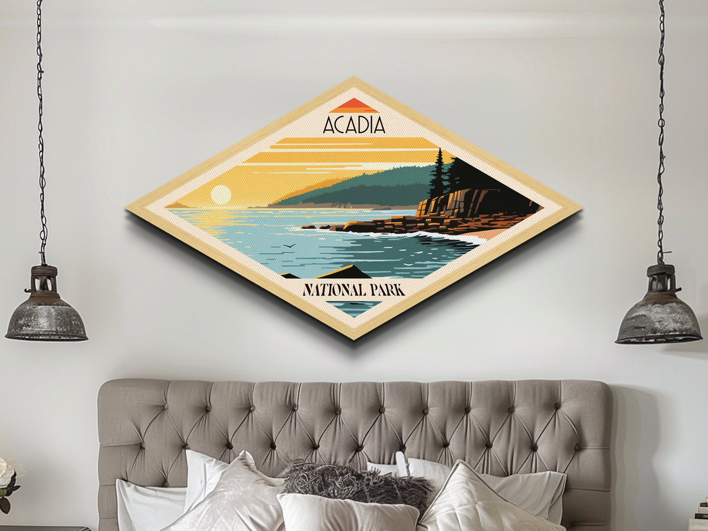 Acadia National Park Diamond Shaped Travel Poster Art Canvas Art Print, Canvas Wall Art, Travel Gift, Maine Travel Art