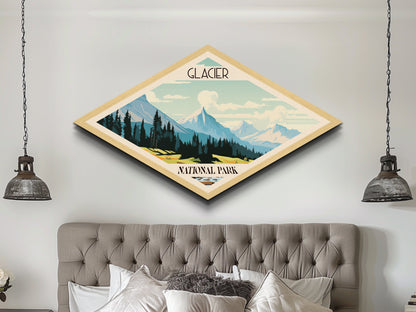Retro-Reiseposter „Glacier Nationalpark“ auf Leinwand, Kunst mit Struktur, Reisedeko, Midcentury-Modern-Deko, Montana-Reisekunst