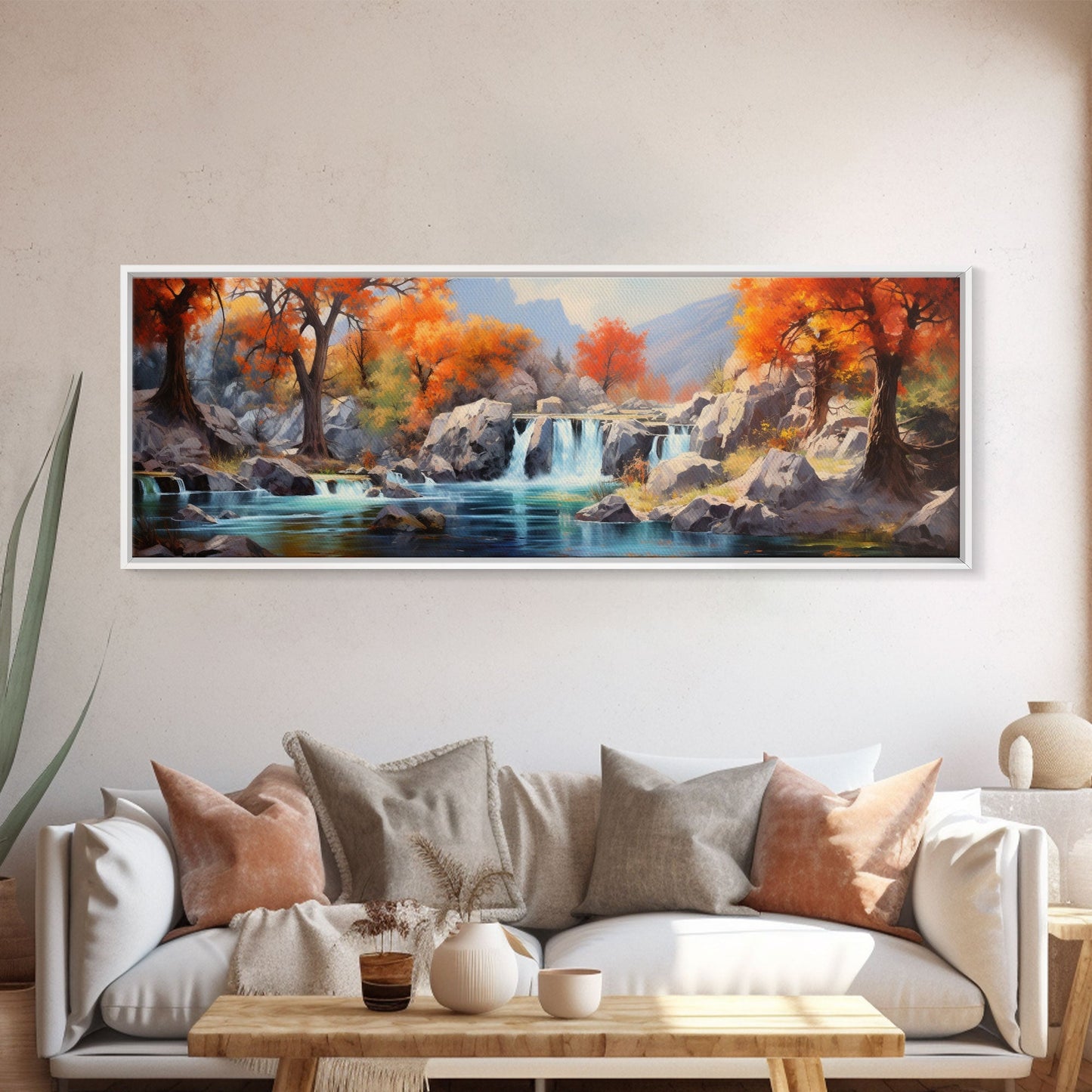 Beautiful Fall Centerpiece Wall Art, Framed Canvas Print, Autumn Landscape Watercolor Painting, Minimalist Boho Style Wall Art, Minimalist