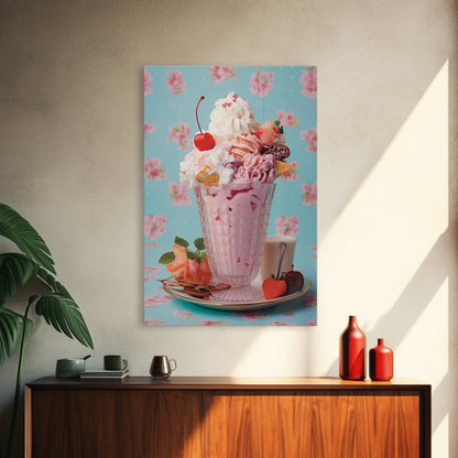 A Strawberry Sunday, Ice Cream Art, Framed Canvas Print, Ice Cream Parlor Decor, Icecream Shop Wall Art, MCM Style Decor, Kitchen decor