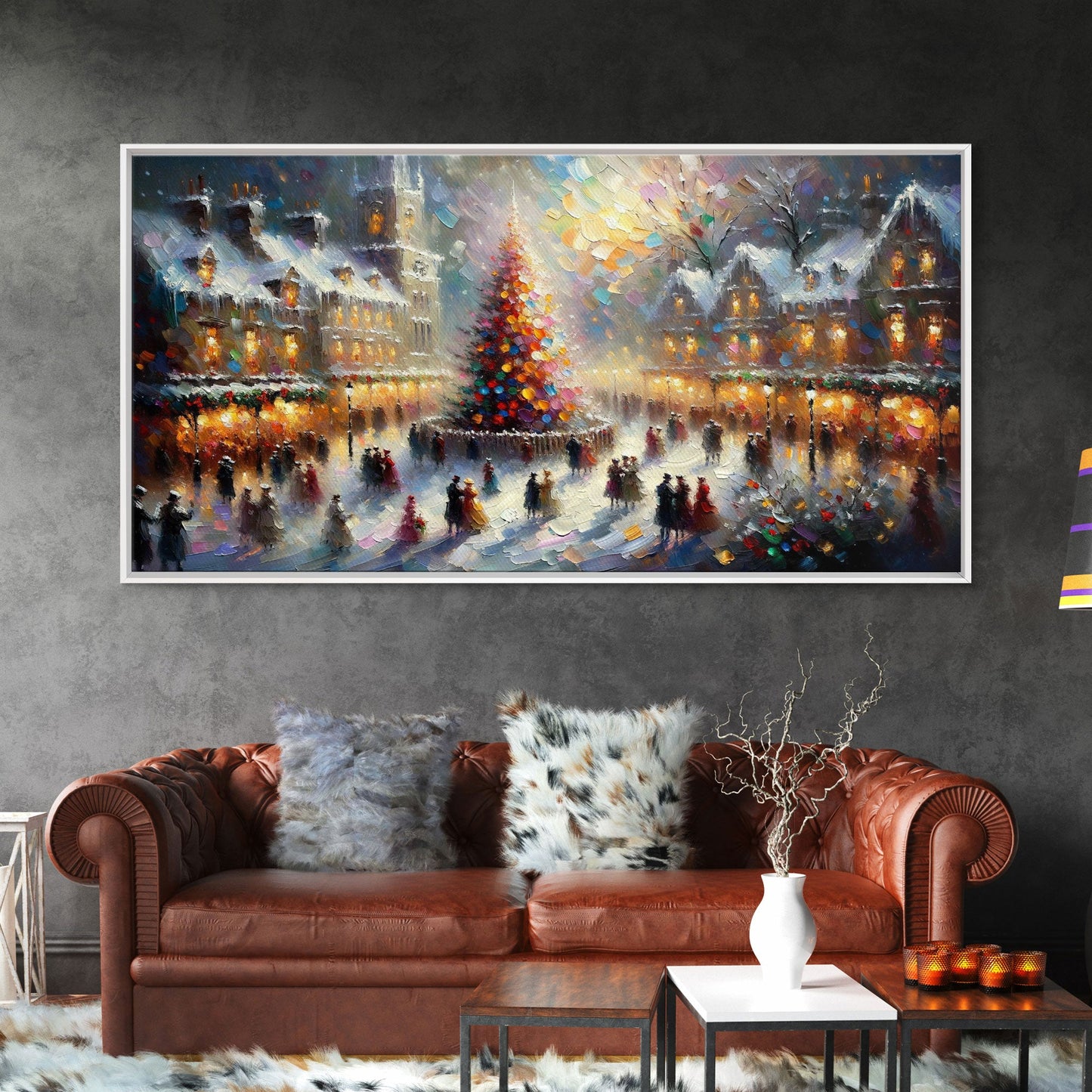Retro Style Christmas Canvas Print | Framed Canvas Print | Christmas Village | Winter Wonderland | Impasto Style Painting | Seasonal Decor