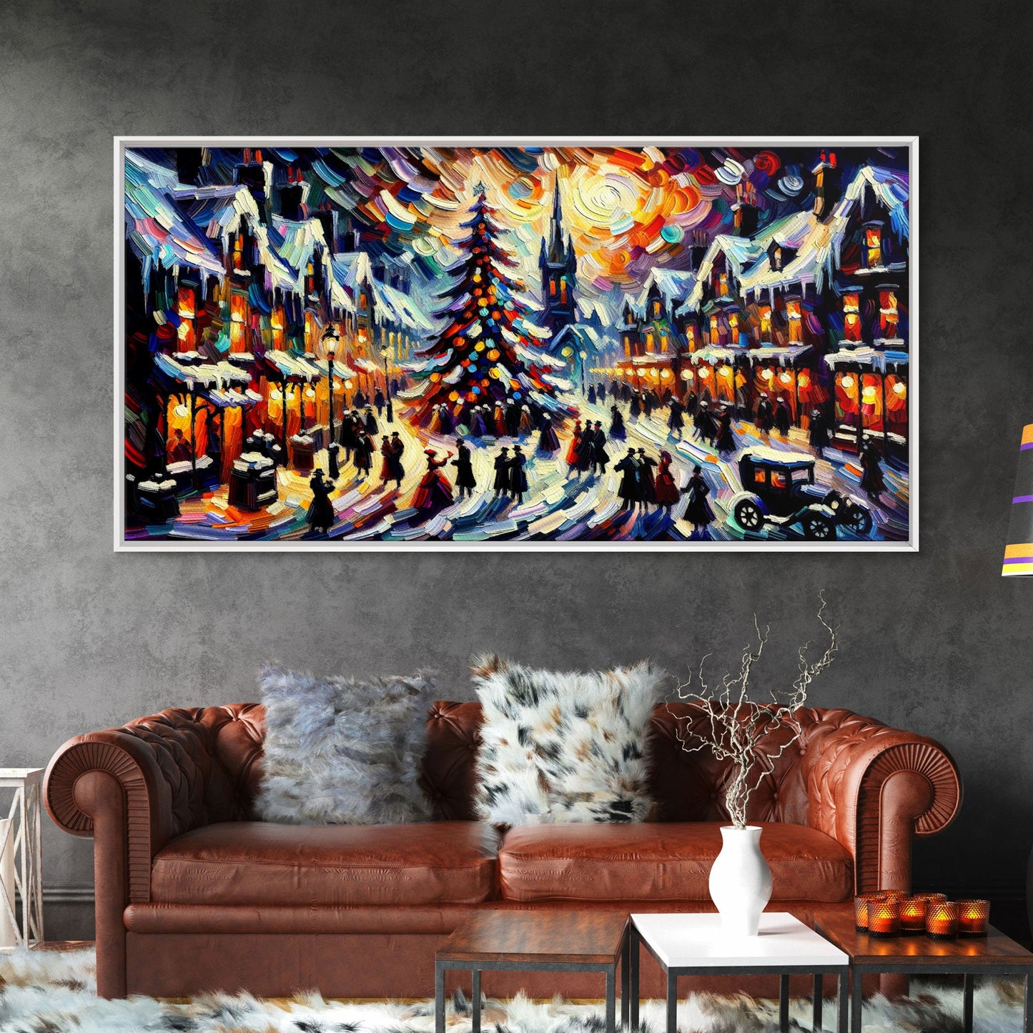 Retro Style Christmas Canvas Print | Framed Canvas Print | Christmas Village | Winter Wonderland | Impasto Style Painting | Seasonal Decor