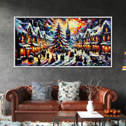 Retro Style Christmas Canvas Print | Framed Canvas Print | Christmas Village | Winter Wonderland | Impasto Style Painting | Seasonal Decor