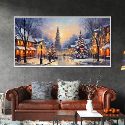Christmas Centerpiece Wall Art - Framed Canvas Print - Winter Wonderland Victorian Village Decorated for Christmas Canvas Wall Art