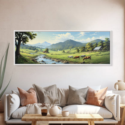Farmhouse Field Landscape Oil Painting Large Wall Art Canvas Print, Framed Canvas Nature Wall Decor, Rustic Country Landscape Living Room