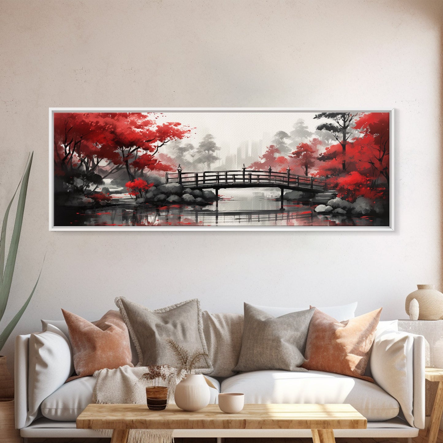 Japanese Hashi Bridge in The Spring, Framed Canvas Print, Japanese Maple Trees Along A Stream, Asian Inspired Art