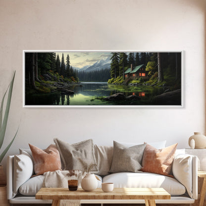 Cozy Cabin on The Lake, Framed Canvas Print, Farmhouse Decor, Landscape Painting, Unique Wall Art