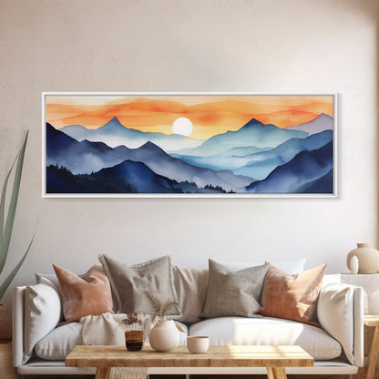 Midcentury Modern Watercolor Painting of a Mountain Sunset, Large Canvas Print, Mountain Artwork, Guest Room Art, Mountain Print