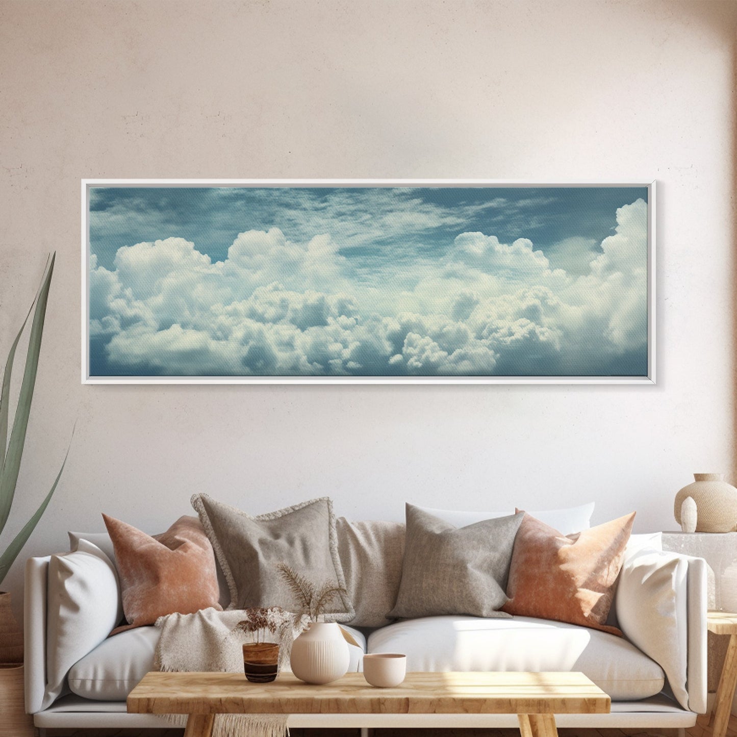 Panoramic Framed Canvas Wall Art Set Pastel Cloud Blue Sky Nature Landscape Prints Minimalist Modern Art Nature Wall Decor Framed Canvas