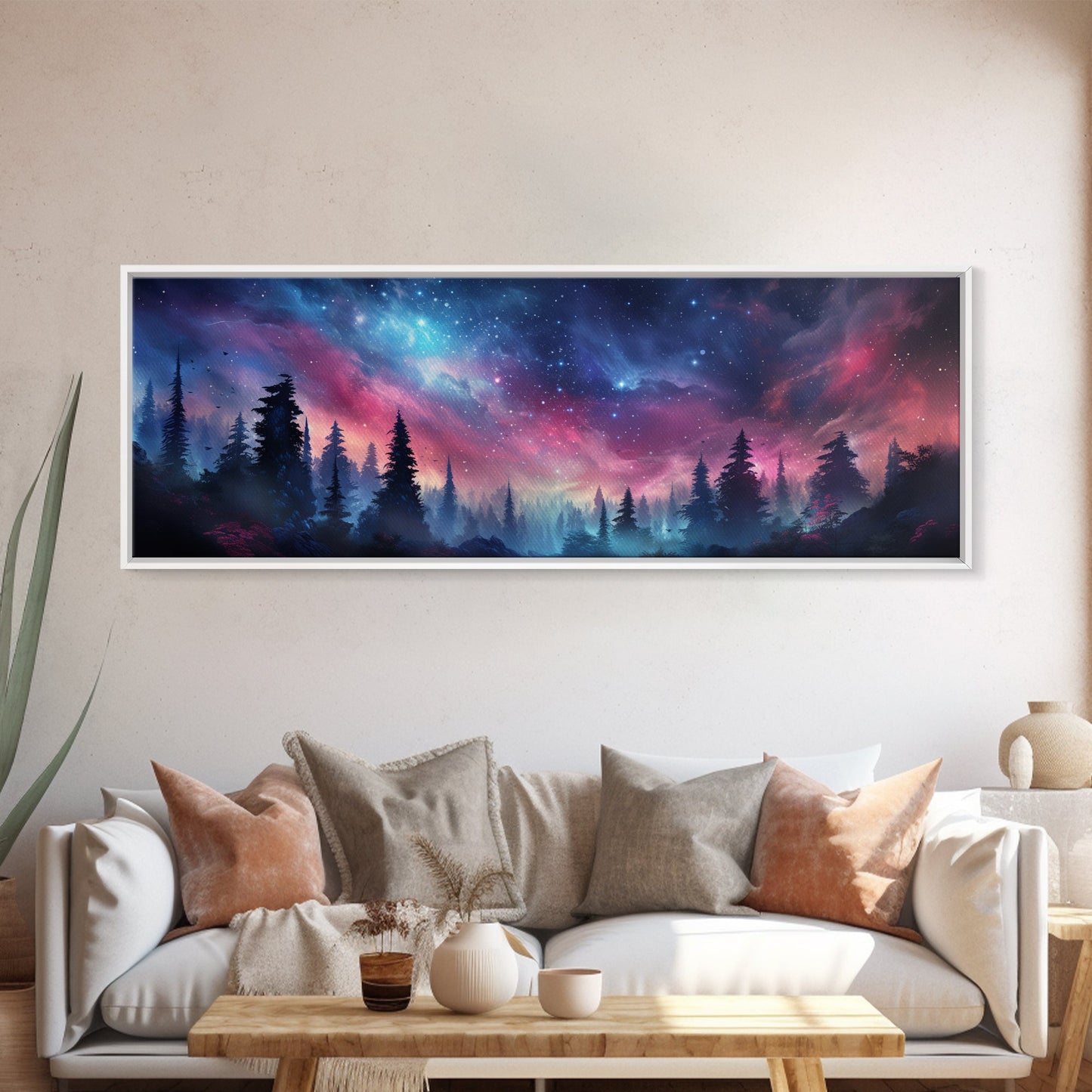 Watercolor Painting Of A Starry Night, Framed Canvas Print, Beautiful Nature Panoramic, Alaska Wilderness Art