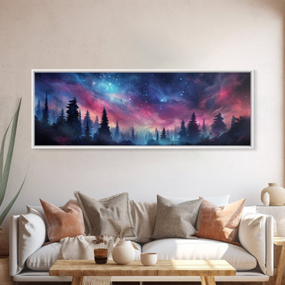 Watercolor Painting Of A Starry Night, Framed Canvas Print, Beautiful Nature Panoramic, Alaska Wilderness Art