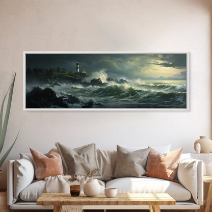 Lighthouse In The Storm, Framed Canvas Print, Nautical Decor, Nautical Painting, Guest Room Art, Moody Decor