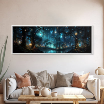 Fantasy Forest Print - Lightning Bugs Light Up The Forest At Night - Framed Canvas Print - Beautiful Fantasy Art - Framed Wall Art Fireflies