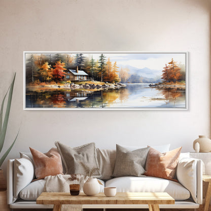 Rustic Lake Cabin at Dusk Watercolor Painting | Peaceful Wilderness Landscape Canvas Print | Modern Country Decor and Nature Lovers