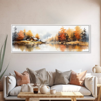 Autumn On The Lake - Watercolor Painting | Peaceful Wilderness Landscape Canvas Print | Modern Country Decor and Nature Lovers