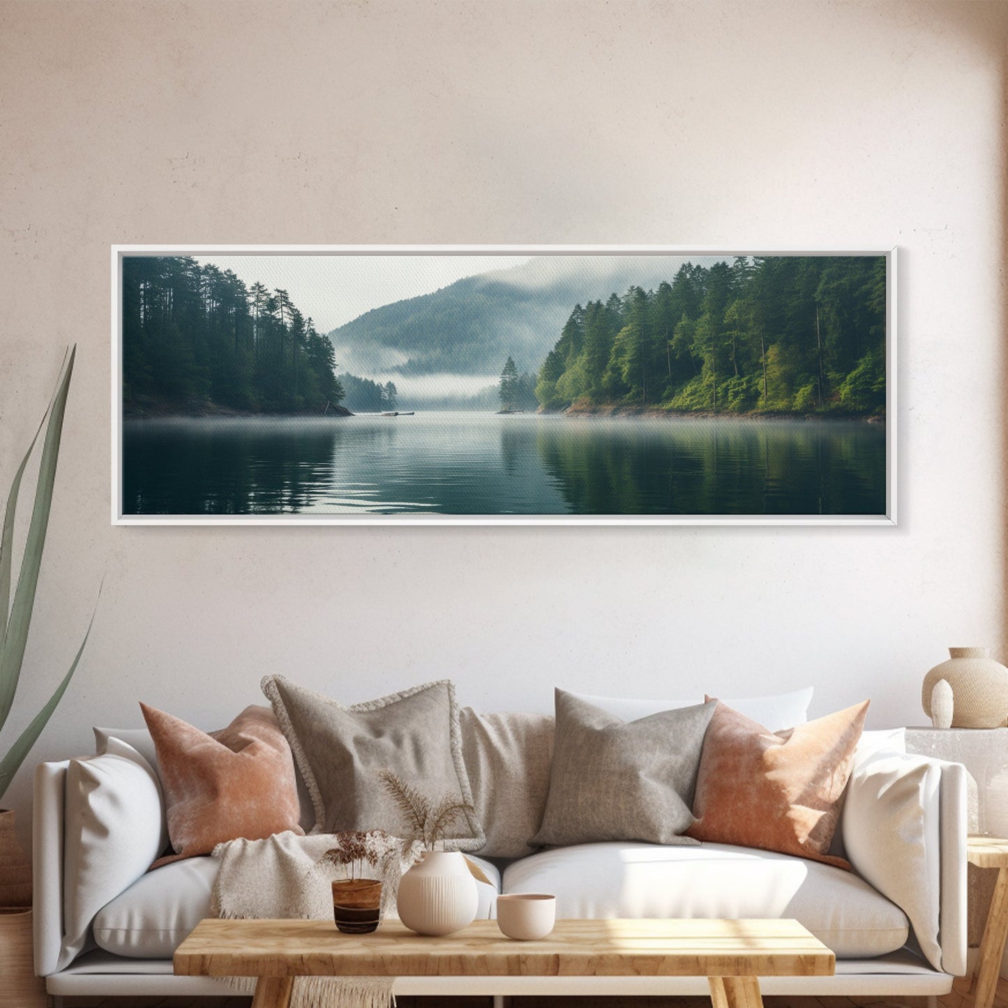 Rustic Nature Landscape Painting Canvas Print | Cozy Forest Canvas Art | Misty Lake & Earth Tones | Farmhouse Cabin Decor