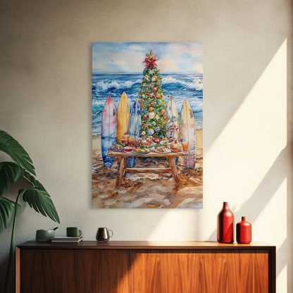 Christmas tree with surfboards on the beach, Framed Canvas Print tropical holiday wall art perfect beach Christmas decor holiday gift idea