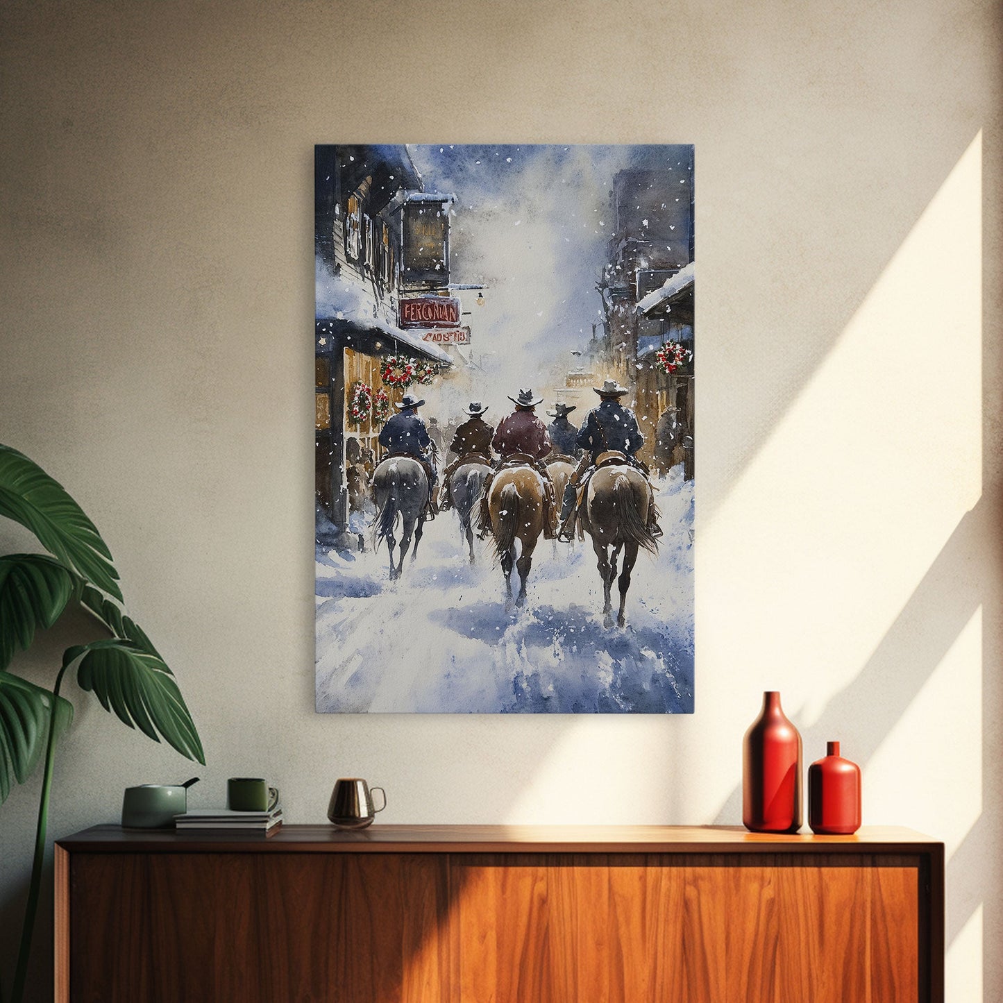 Cowboys Riding Into Town On Christmas, Western Christmas Decor, Framed Canvas Print, Christmas Outdoor Decor, Christmas poster