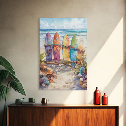 Weihnachts-Surfbretter am verschneiten Strand, gerahmter Leinwanddruck, tropische/maritime Weihnachtskunst oder Geschenkidee, Weihnachtsposter