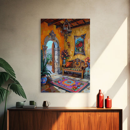 Vibrant Spanish Courtyard Framed Canvas Print Colorful Home Decor Best Gift Bright Seasonal Wall Art Mediterranean Patio Above Sofa Art