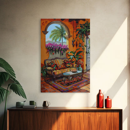 Mediterranean Courtyard Lounge Framed Canvas Print Spanish Style Home Decor Best Gift Bright Seasonal Art Above Sofa Wall Art