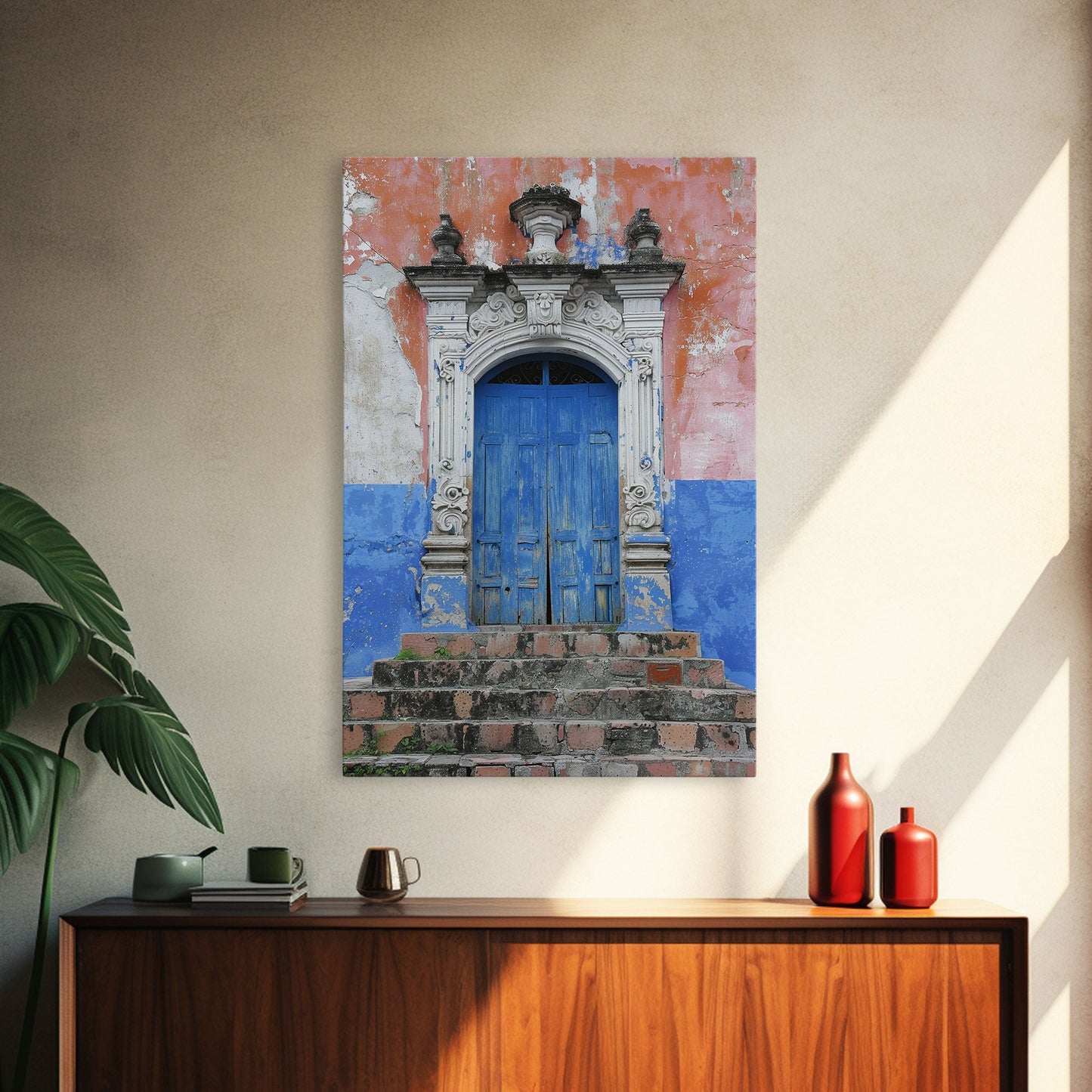 Change3 Mexican Wall Art, Colorful Mexican Door Architecture Painting Framed Canvas Print, Traditional Hacienda Architecture, Ready To Hang