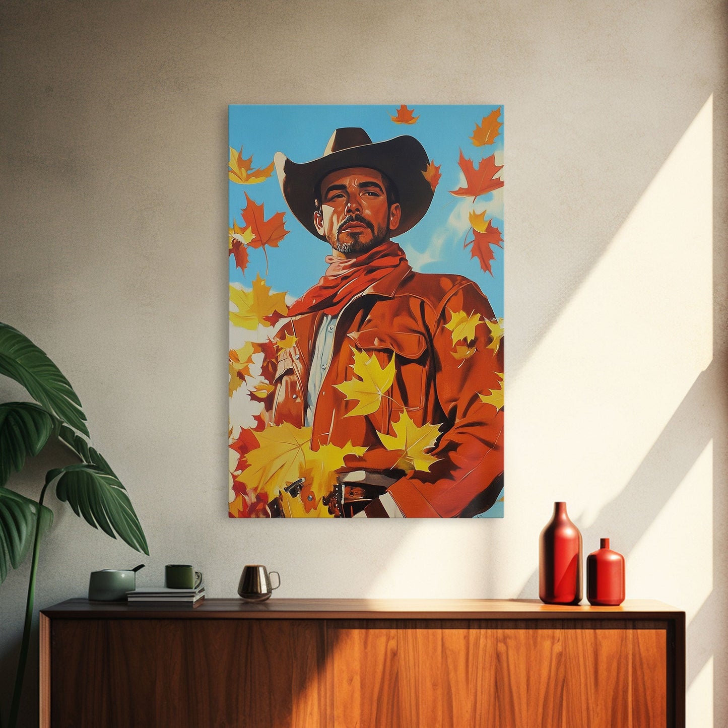 Autumn Cowboy Holiday Decor Framed Canvas Print with Leaves, Colorful Seasonal Wall Art Gift Idea 2024