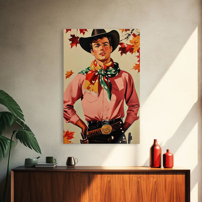 Cowboy Christmas Wall Art Canvas Print with Autumn Leaves, Seasonal Holiday Decor and Gift Idea 2024