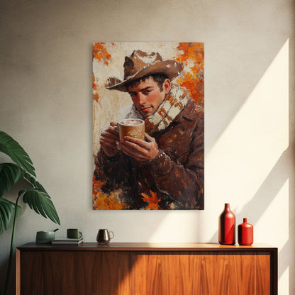 Cowboy mit Kaffeetasse im Herbst – Gerahmter Leinwanddruck – Herbstliche Wanddekoration im Landhausstil 2024 – Rustikale Wohndeko und Geschenkidee