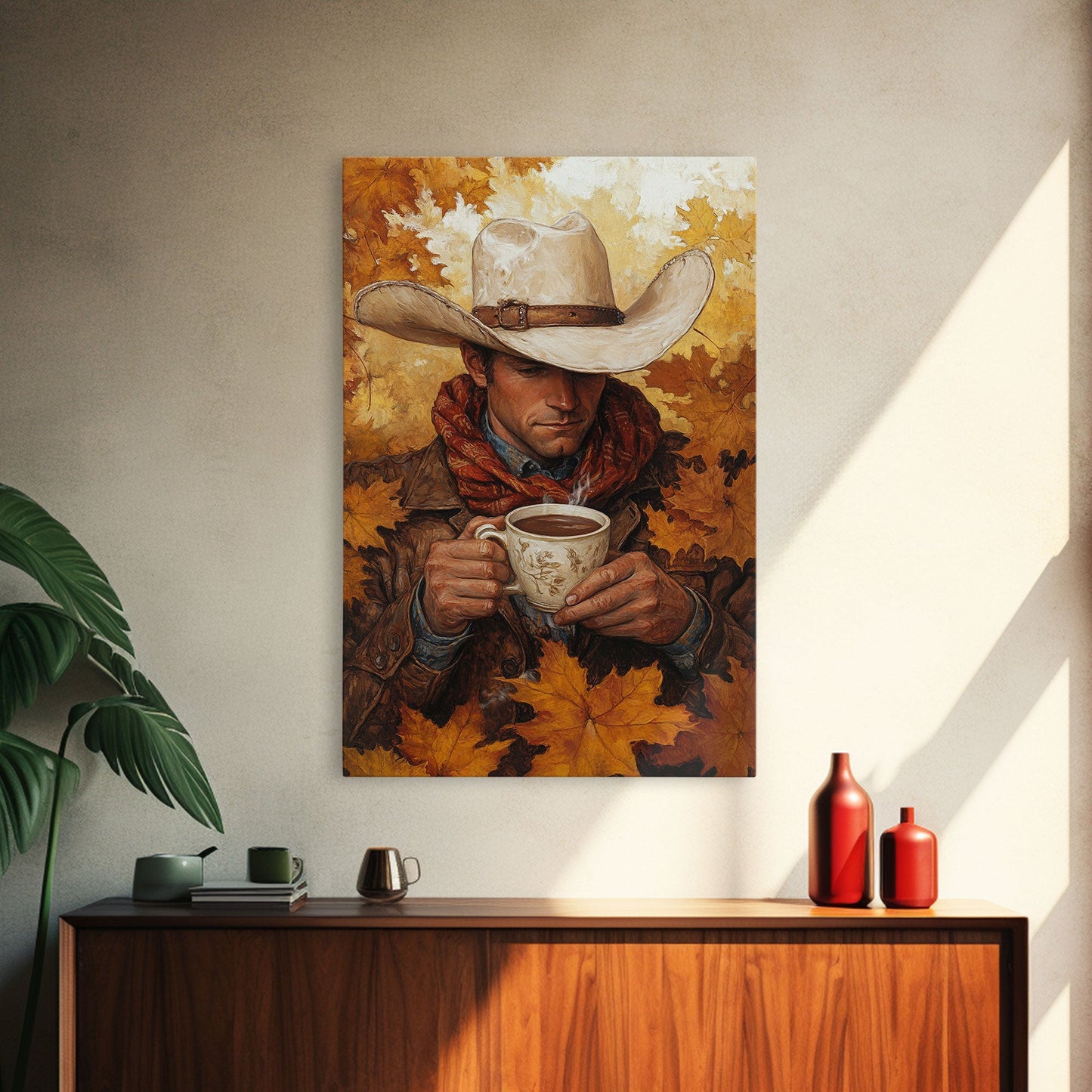 Cowboy Holding Hot Drink Framed Canvas Print - Moody Winter Landscape Art Perfect 2024 Christmas Wall Decor