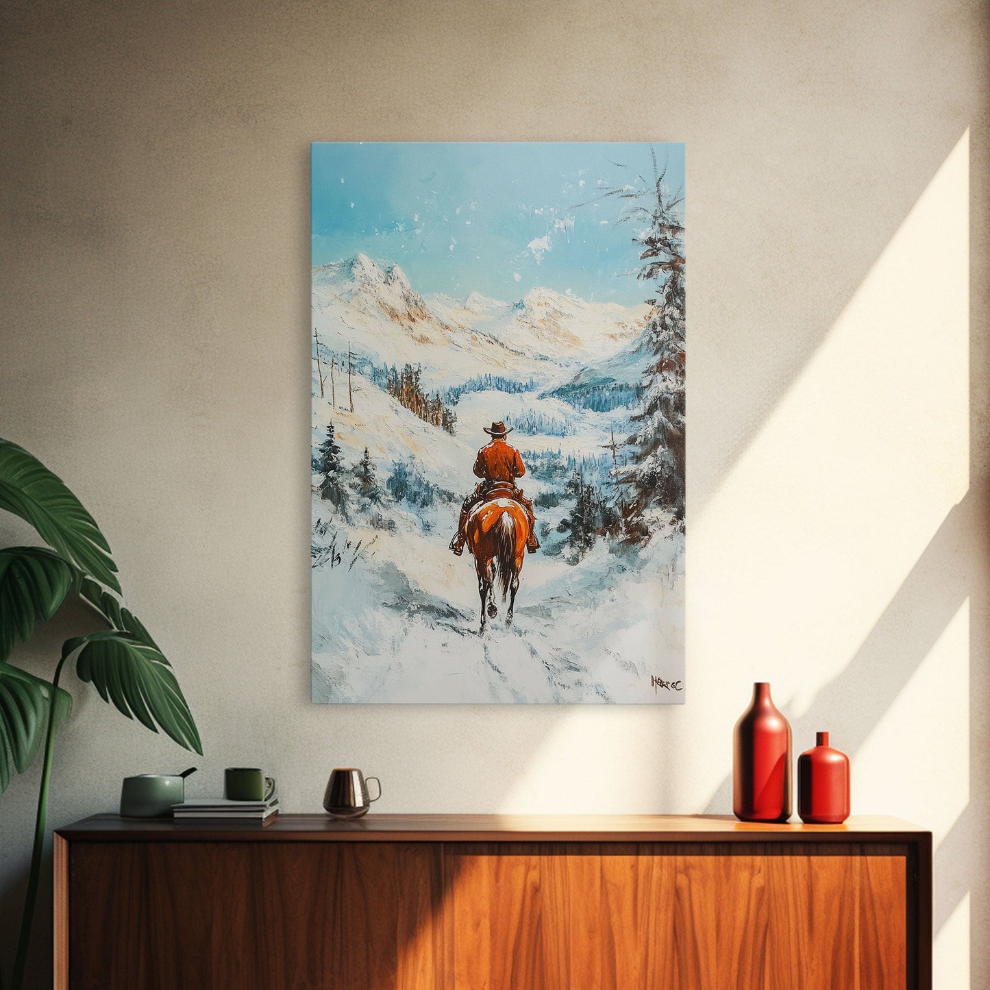 Cowboy reitet durch verschneite Berge – Gerahmter Leinwanddruck – Weihnachtswandbild – Winterwunderland-Dekoration – Saisonale Wanddekoration – Geschenkidee zu Weihnachten