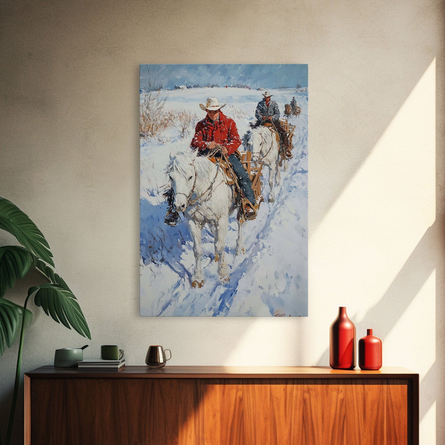 Cowboy Riding Horses in Snow Canvas Print, Winter Wall Art, Rustic Christmas Decor, Holiday Gift Idea, Seasonal Art, Framed Canvas Print