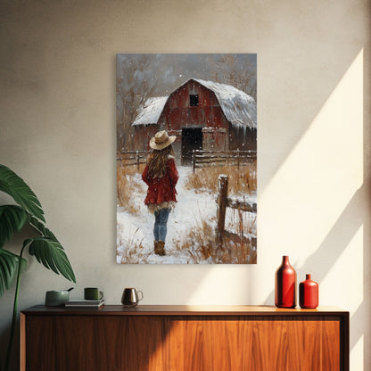 Country Girl with Falling Leaves Canvas Print, Autumn Wall Art, Farmhouse Holiday Decor, Fall Decor, Trendy Wall Art, Framed Canvas Print