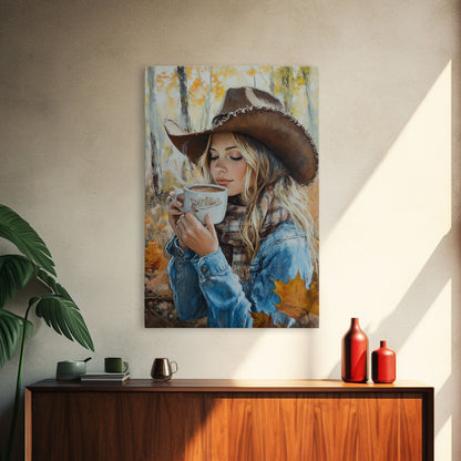 Fall-themed farmhouse framed canvas print a woman with coffee amidst autumn leaves ideal harvest home decor or seasonal wall art gift idea