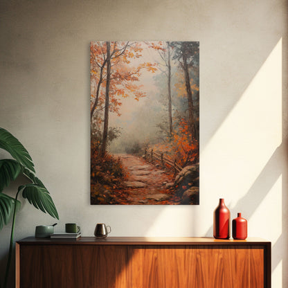 Framed Canvas Print of a Fall Path with Fence and Trees, Autumn Wall Art, Rustic Country Decor, Best Gift Idea, Modern Farmhouse Fall Decor
