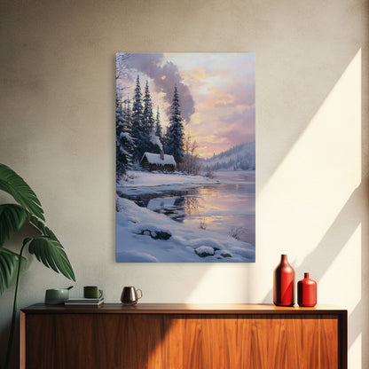 Cabin In Snowy Forest Framed Canvas Print Wall Art Winter Landscape Decor, Cozy Christmas Art Gift, Rustic Winter Wonderland Art